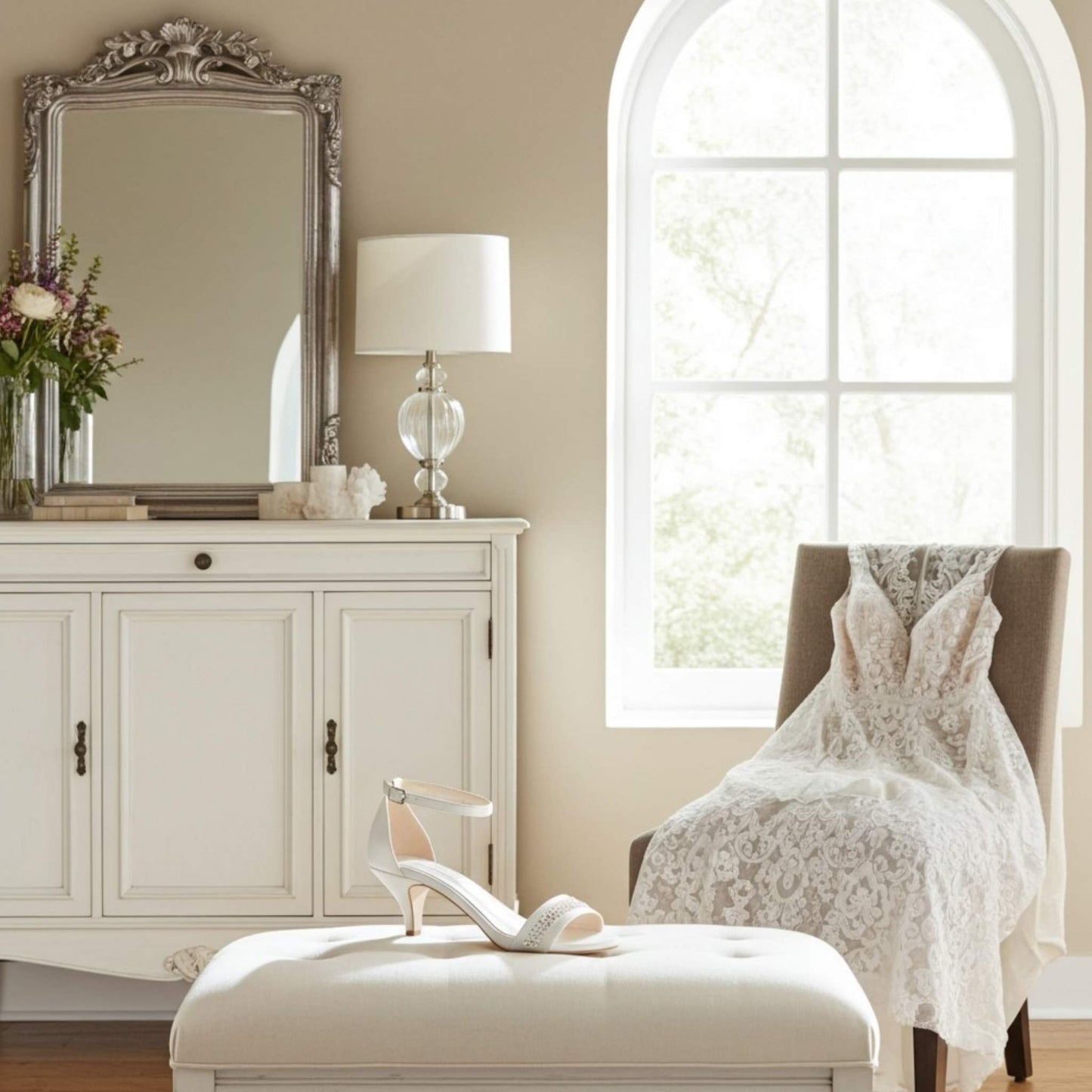 Neatly arranged room with a white dresser, mirror, and chair with a lace cover. A single open toe kitten heel bridal shoe is on a footstool.