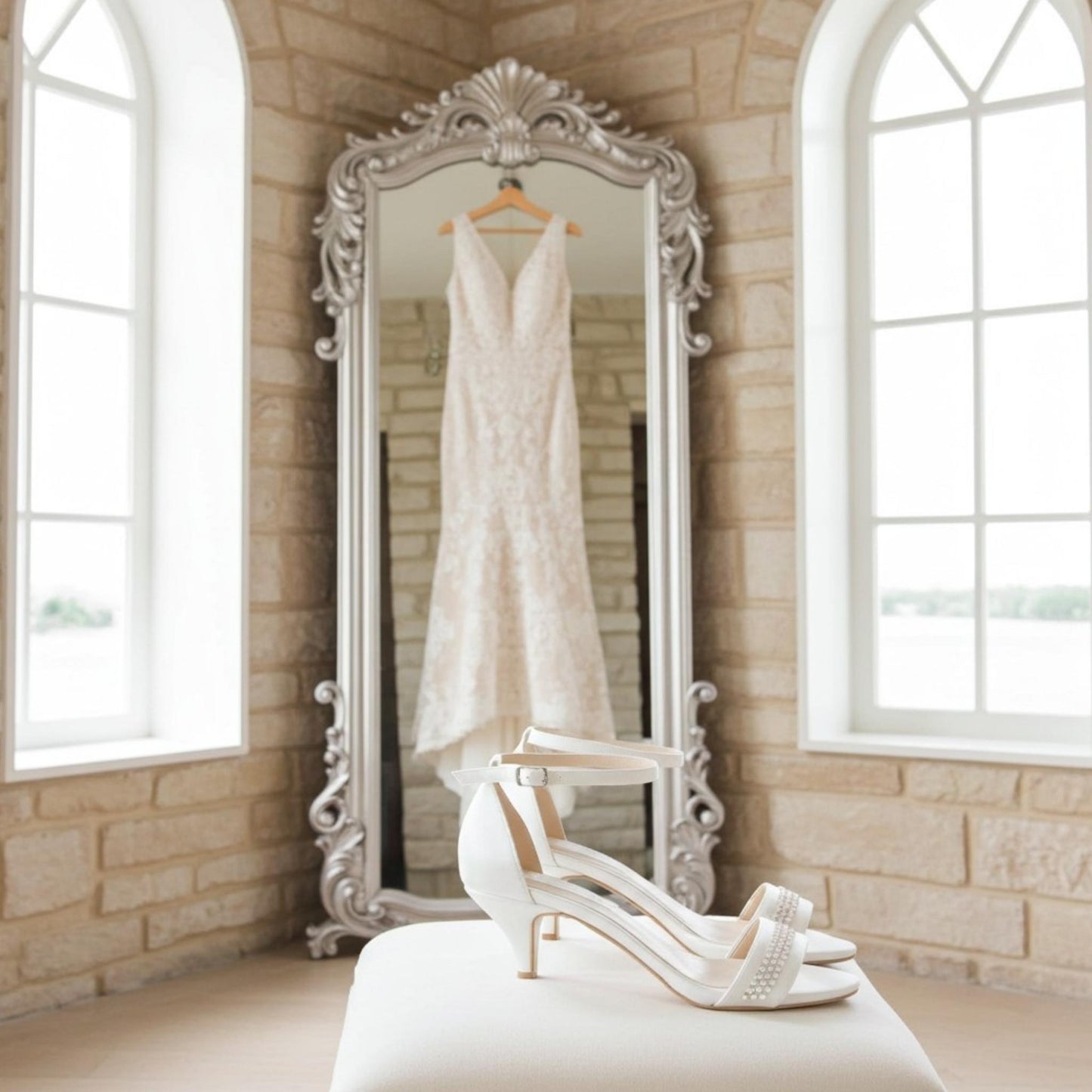 Wedding dress hanging in a mirror with ivory kitten heel shoes on a stool in a room with stone walls and large windows.
