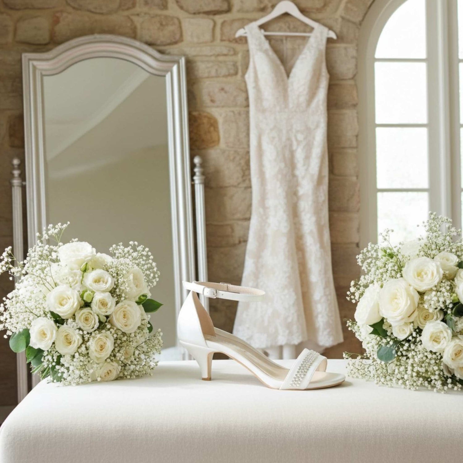 Lace wedding dress hanging on a rack with a mirror, pretty open toe rhinestone shoes and floral arrangements in a room with stone walls. 