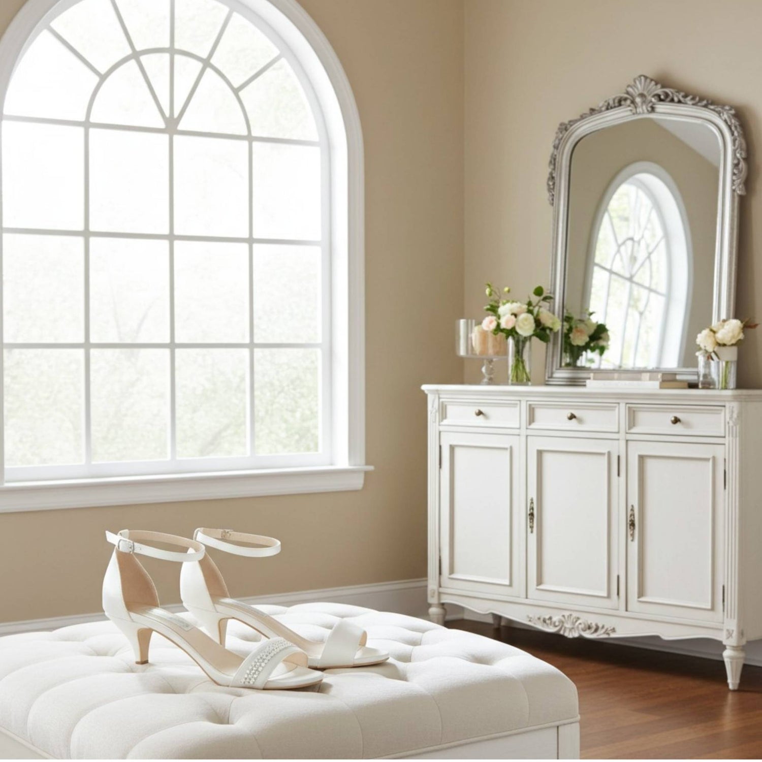 Ivory mid-heeled bridal shoes with rhinestones on a cushion in front of a decorative mirror and cabinet.