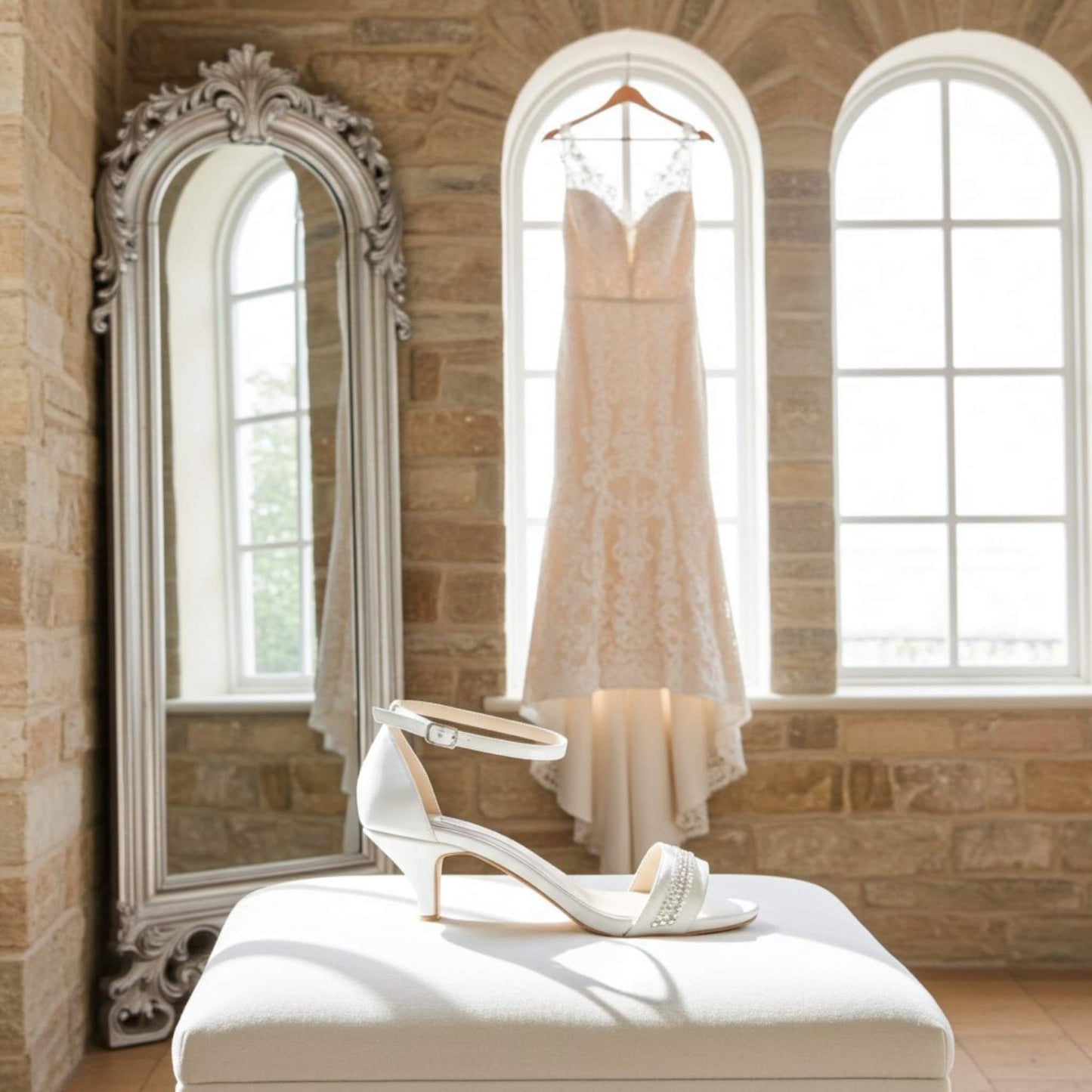 White wedding dress hanging in a room with stone walls and large windows, accompanied by an ivory shoe on a stool.