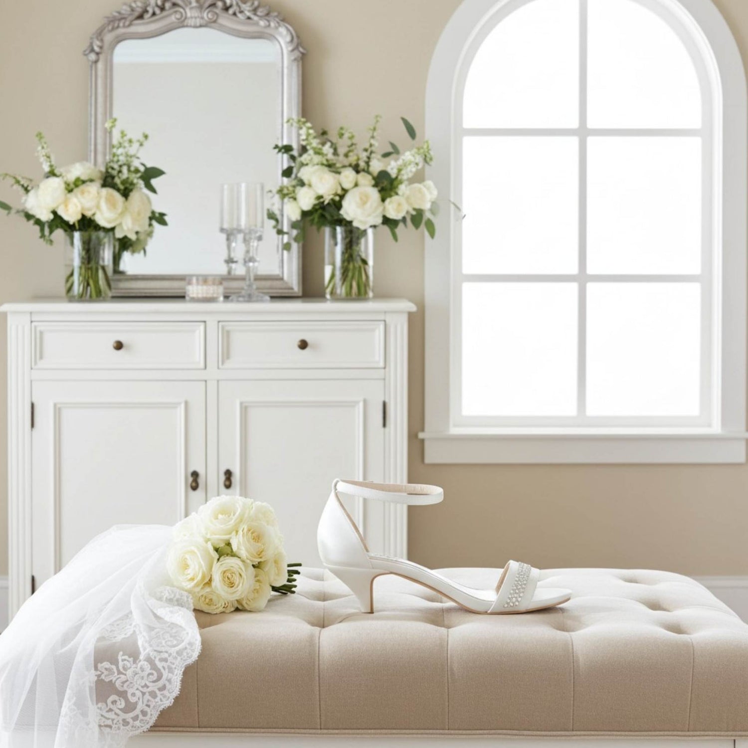 Open toe kitten heel bridal shoes with crystals on a beige stool with white dresser behind.