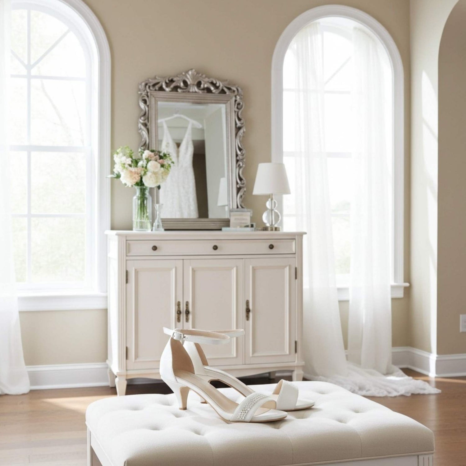 Ivory mid-heeled shoes on a cushioned ottoman in a bright room with a mirror and flowers.