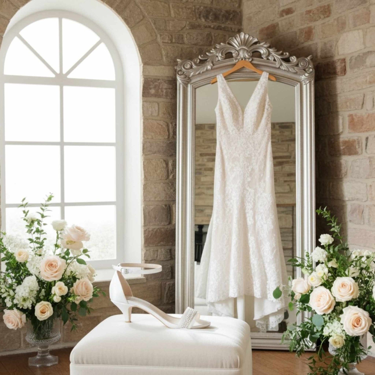 White wedding dress hanging on a mirror in a room with flowers and shoes.