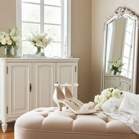 Ivory kitten-heeled wedding shoes on a beige ottoman with a mirror and floral arrangements in the background.