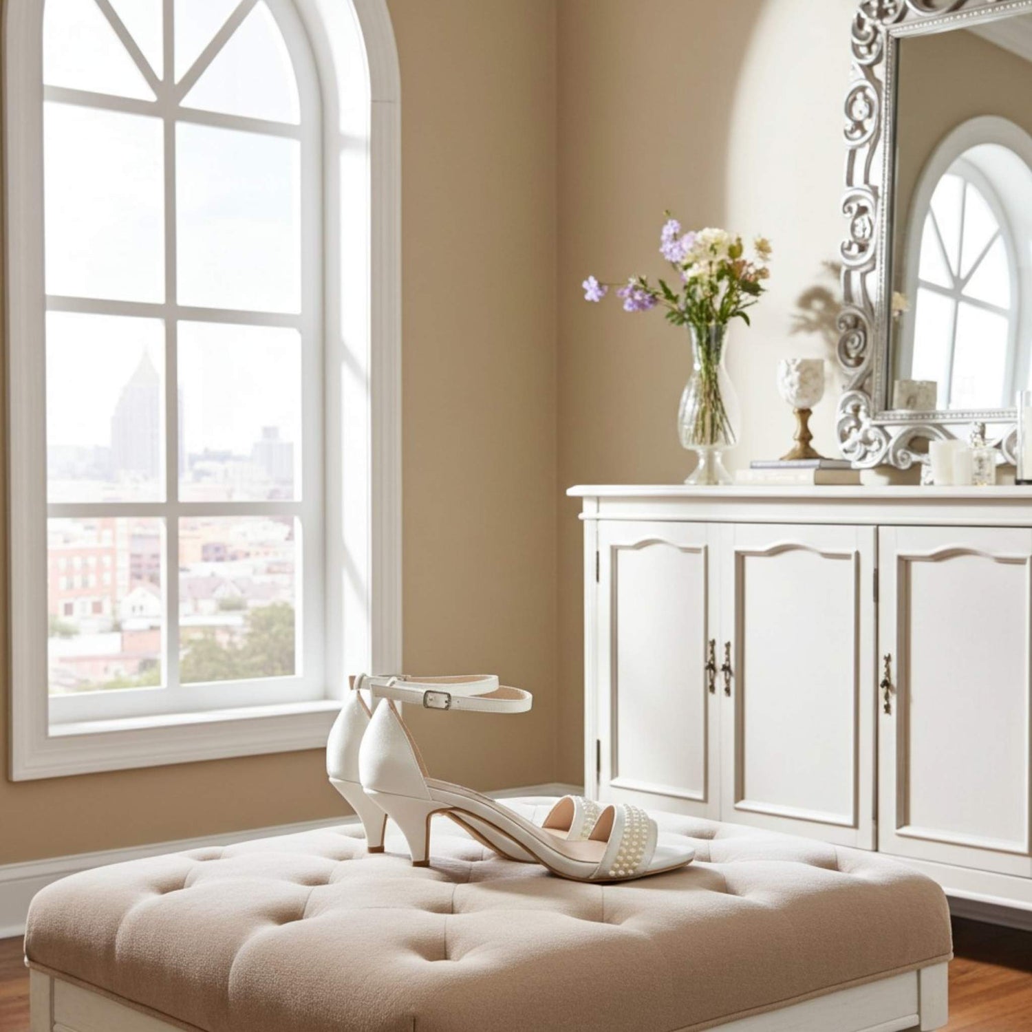 Ivory mid-heeled shoes on a beige ottoman in a room with a large window and decorative mirror.