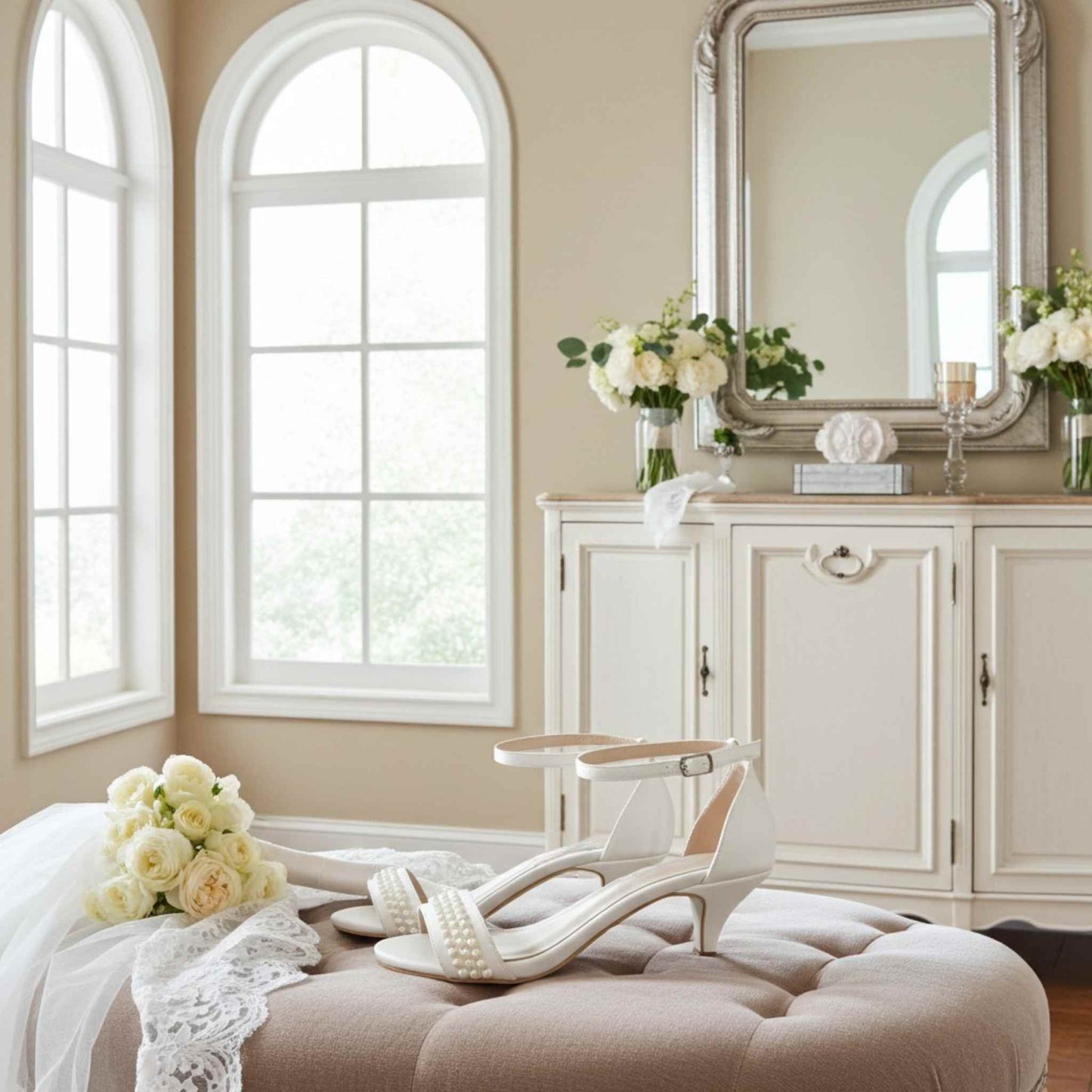 Open toe bridal shoes with pearls on a beige stool with bridal bouquet.
