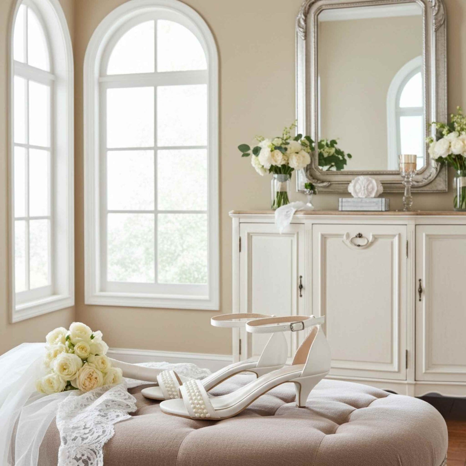 Open toe bridal shoes with pearls on a beige stool with bridal bouquet.