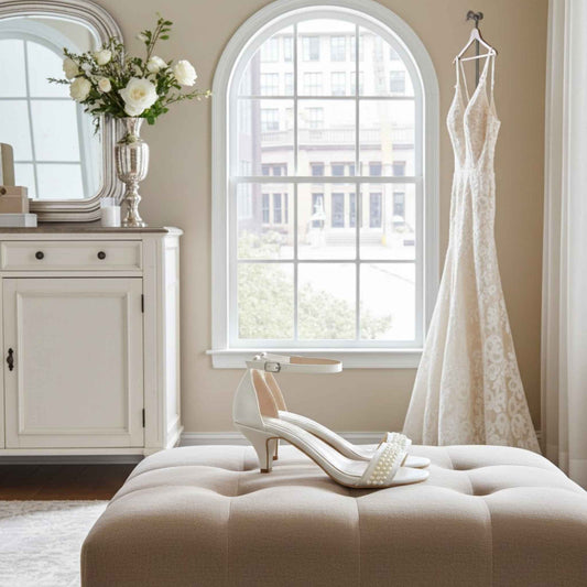 Ivory wedding dress hanging on a rack next to ivory pearl kitten heels on a beige ottoman in a room with a large window.