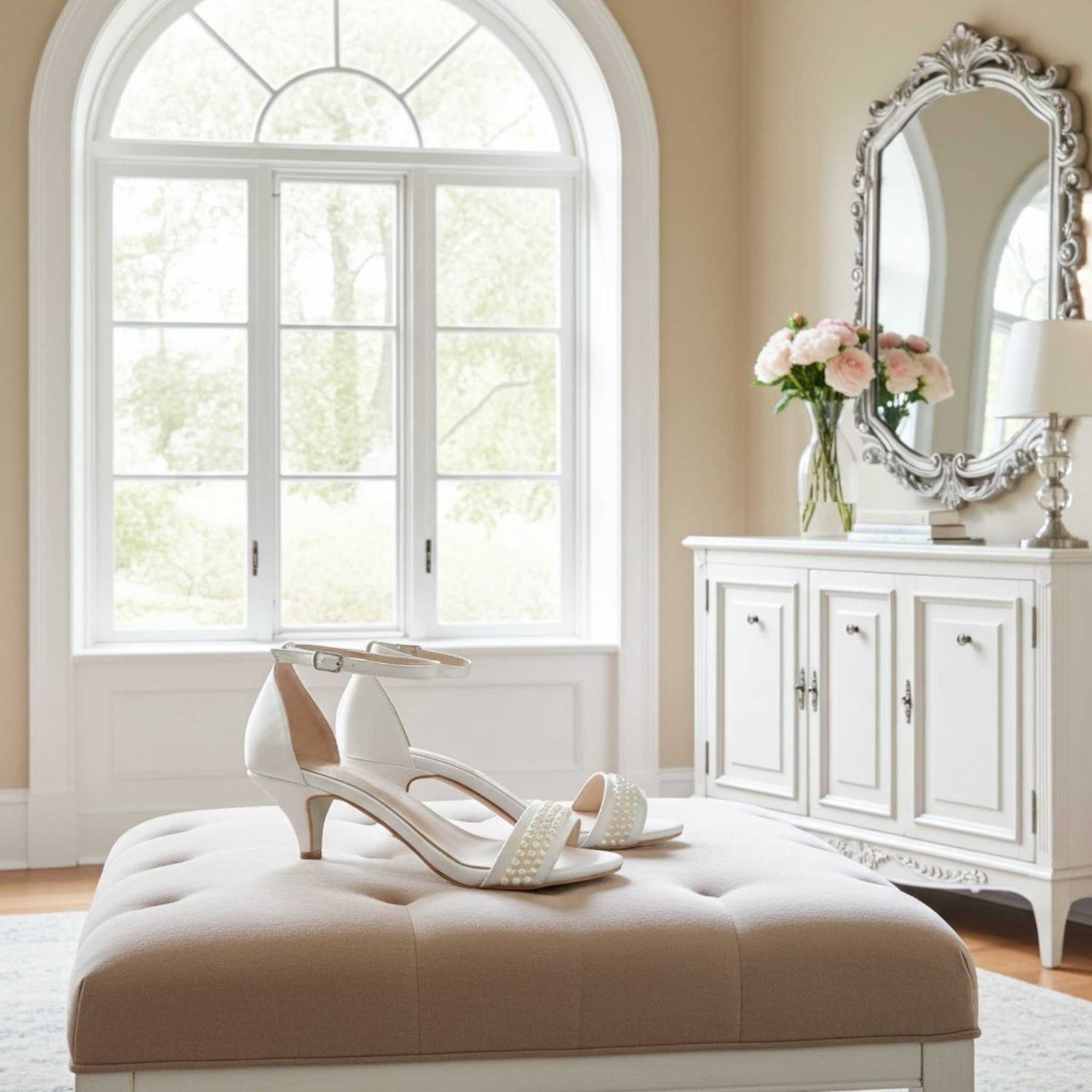 Ivory kitten heel bridal shoes on a beige ottoman in a room with a large window and decorative mirror.