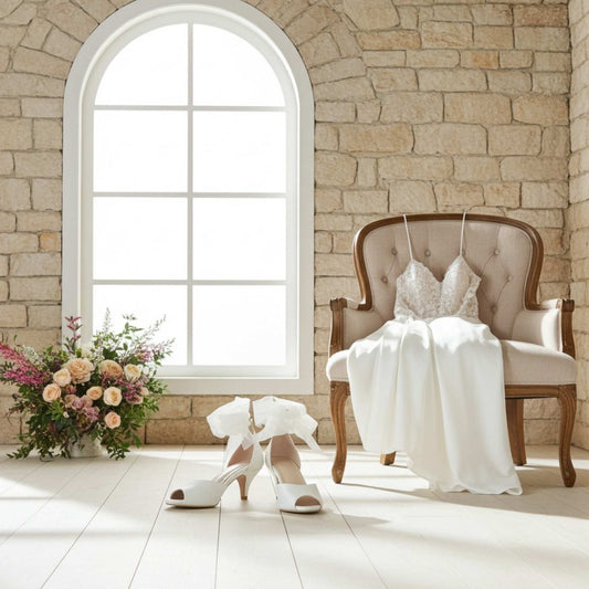 White wedding dress on a chair next to ivory peep toe bridal high heels and flowers in a room with stone walls and a large window.