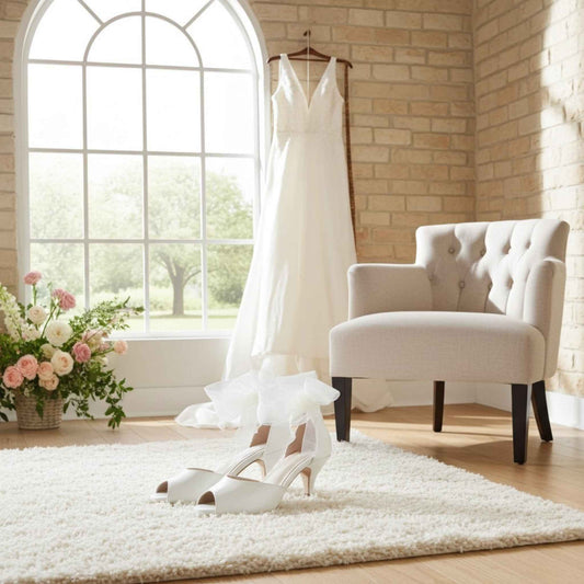 Ivory wedding dress hanging on a rack, ivory peep toe wedding shoes on the floor, and flowers in a room with a large window.