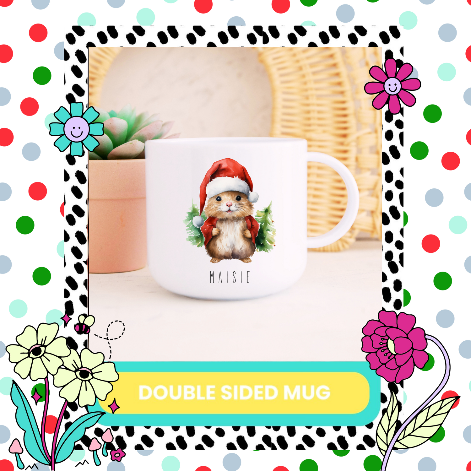 A white 6oz double-sided mug with a Christmas themed design featuring a cartoon tiger character in a Santa hat, positioned on a table with colorful decorations around it.