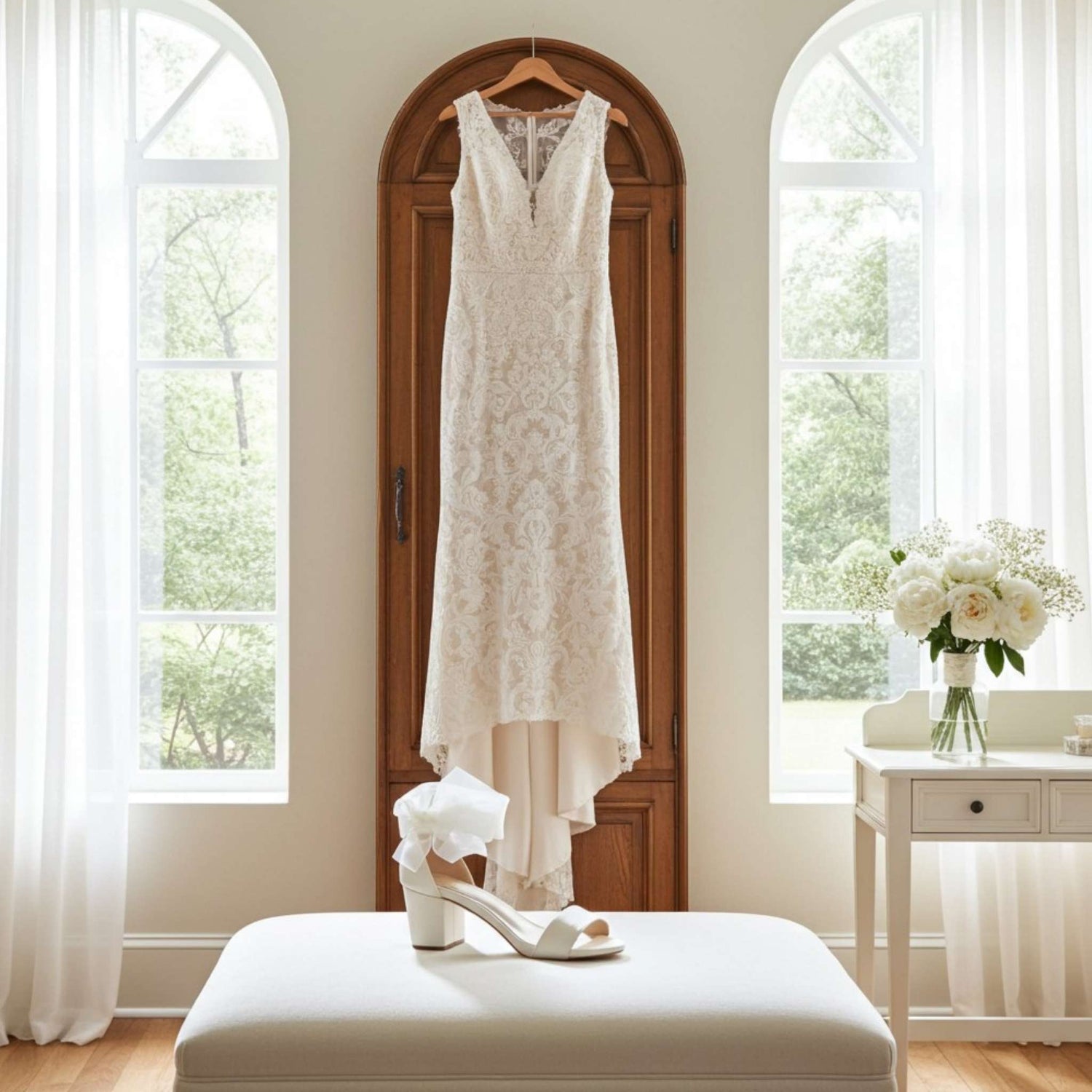 Single open toe bridal shoe with organza strap and a gown hung on a small wardrobe behind.