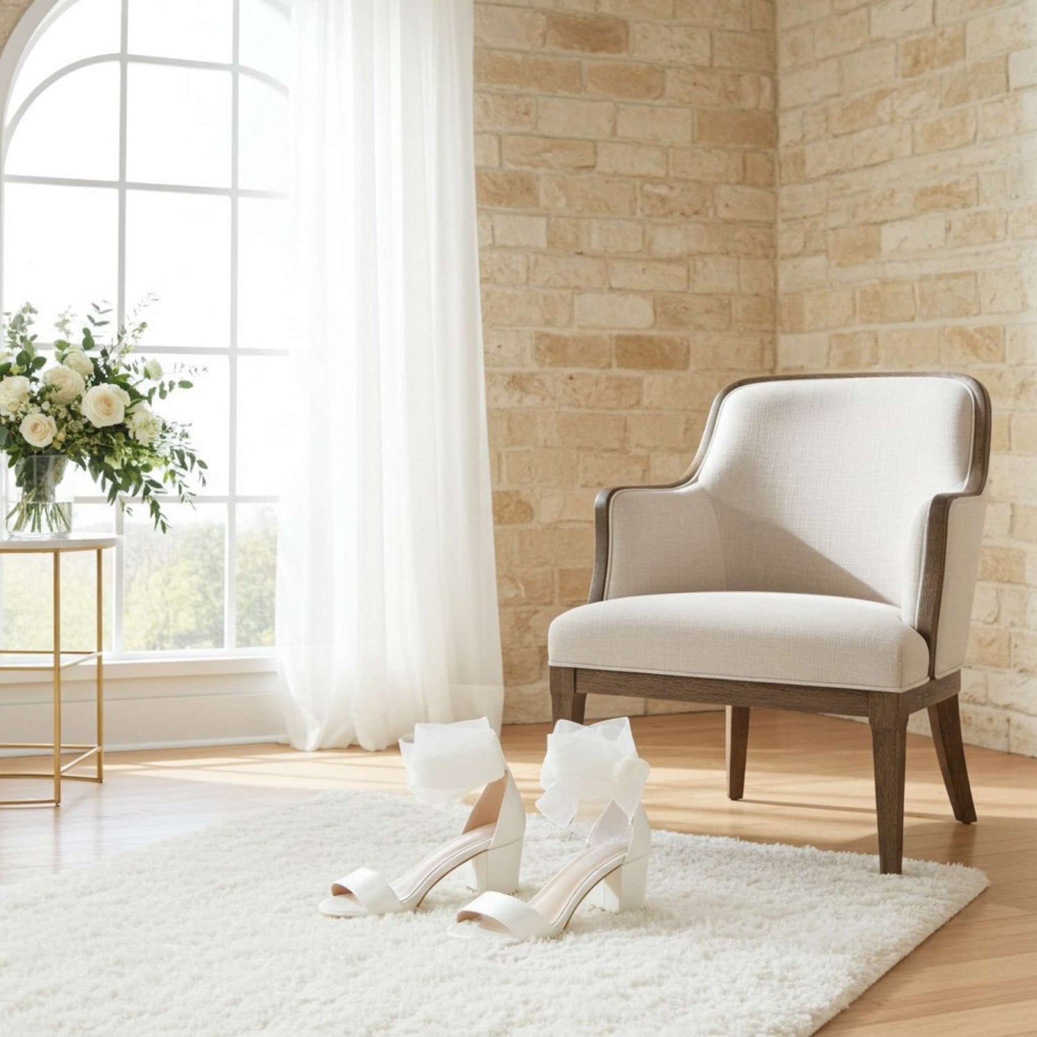 Open toe low block heel bridal shoes on a rug with a chair in the background and floral display.