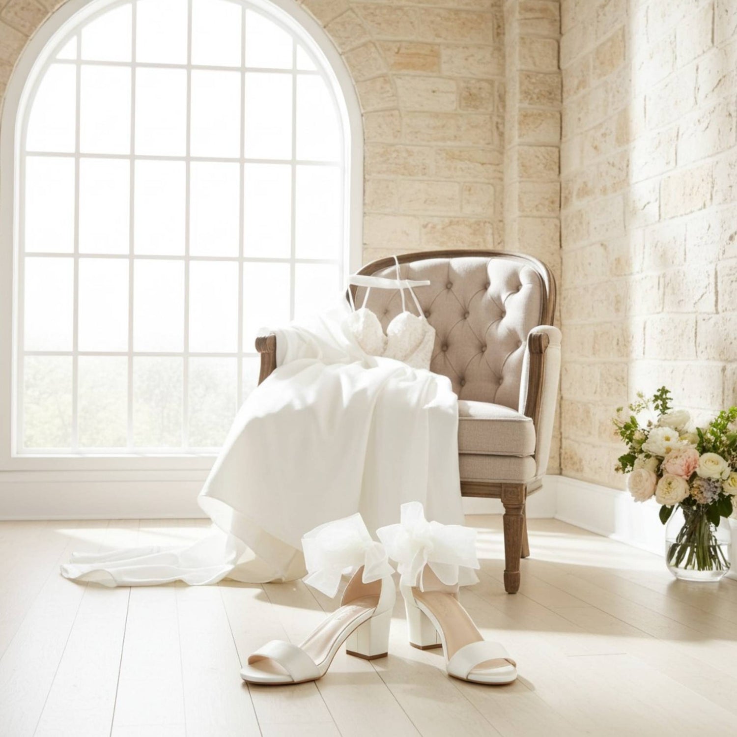 Front view close up of low block heel bridal shoes with bridal gown on a chair in a light and airy room.