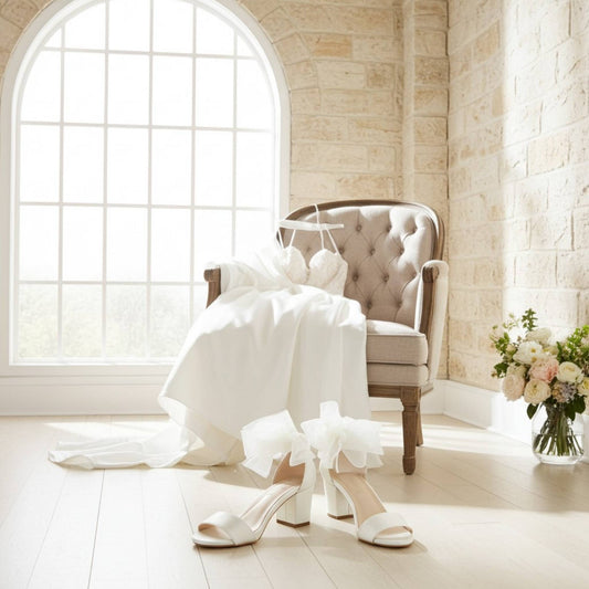 Front view close up of low block heel bridal shoes with bridal gown on a chair in a light and airy room.