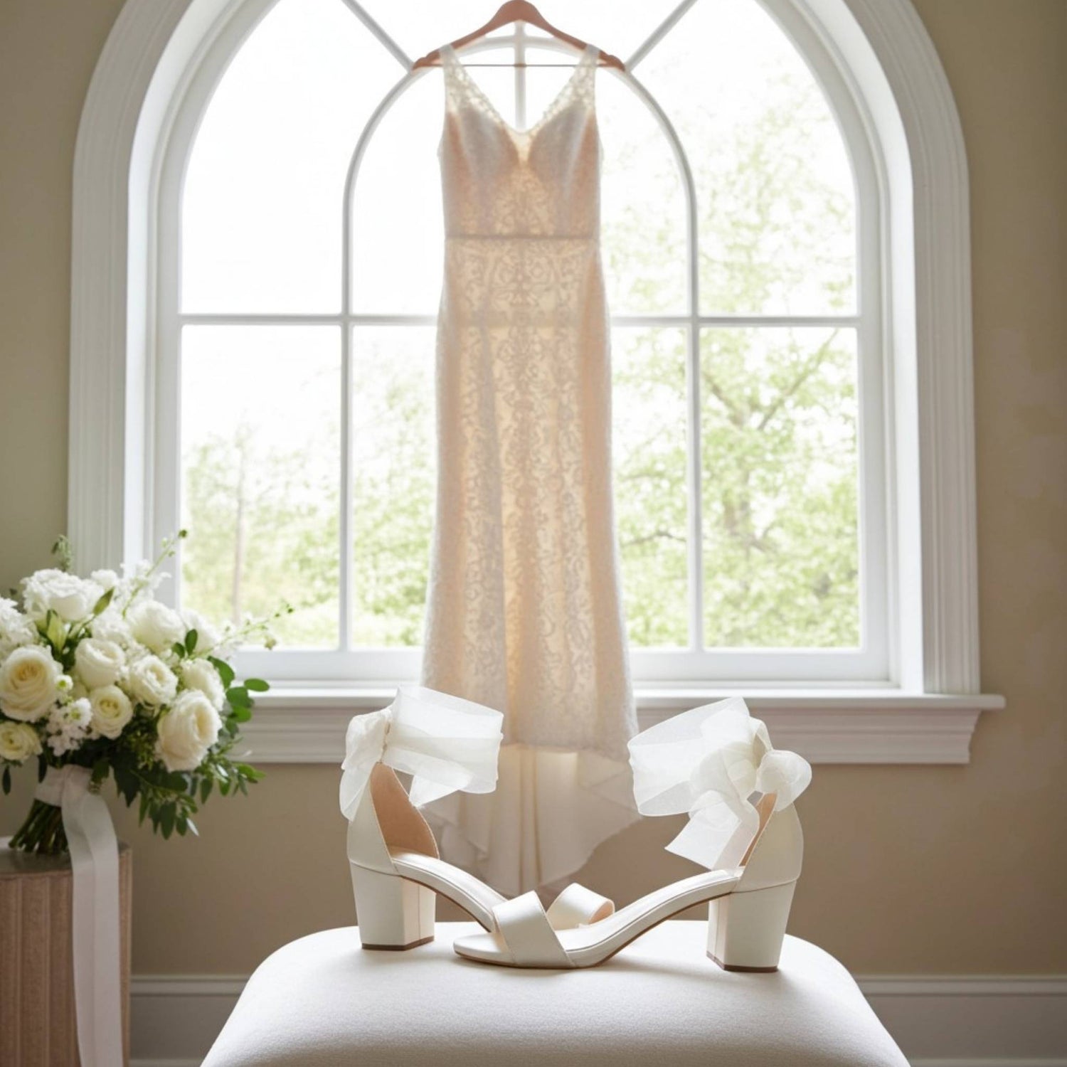 Side view off open toe shoes with bridal gown hung in the window.
