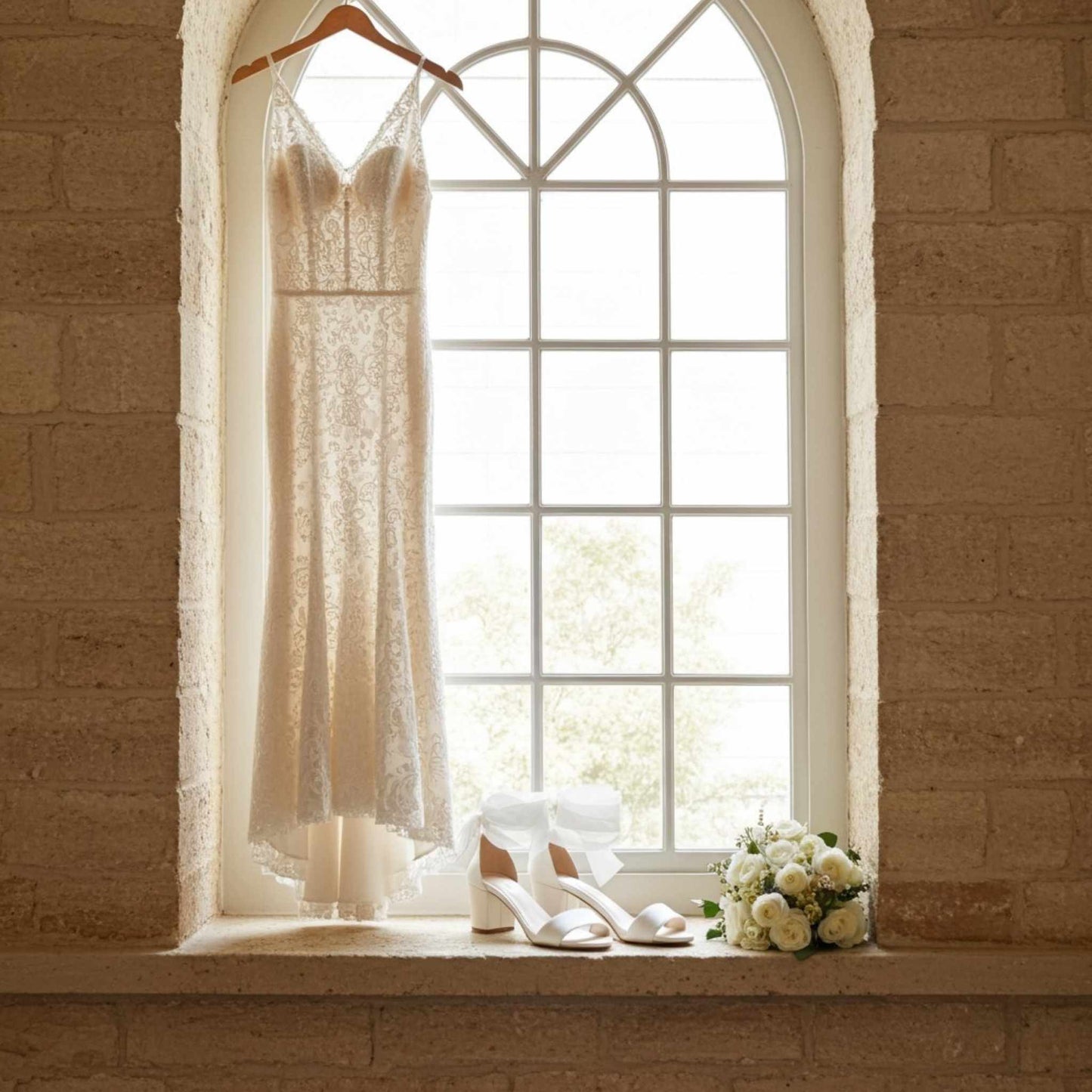 Wedding dress on a hanger with shoes and flowers on a windowsill in a rustic setting
