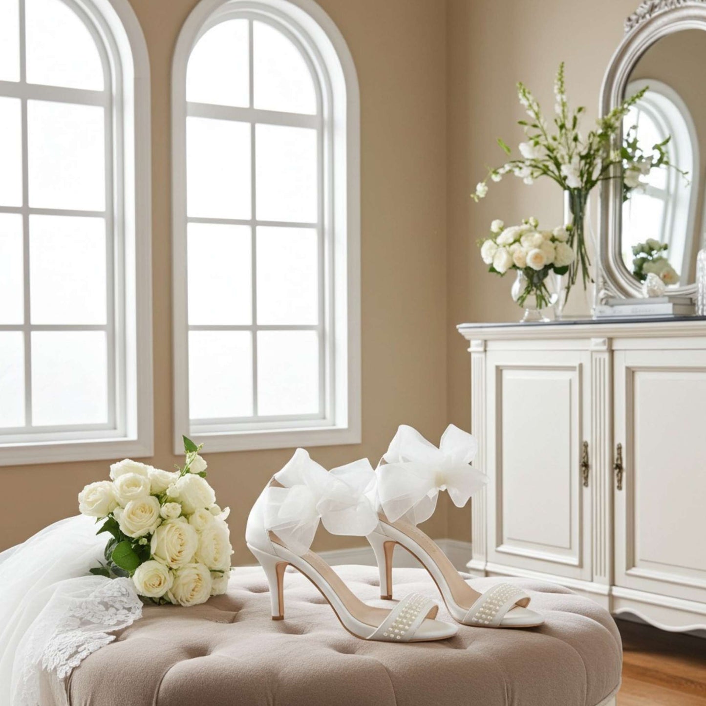Ivory high-heeled shoes with large bows on a beige ottoman in a stylish room.