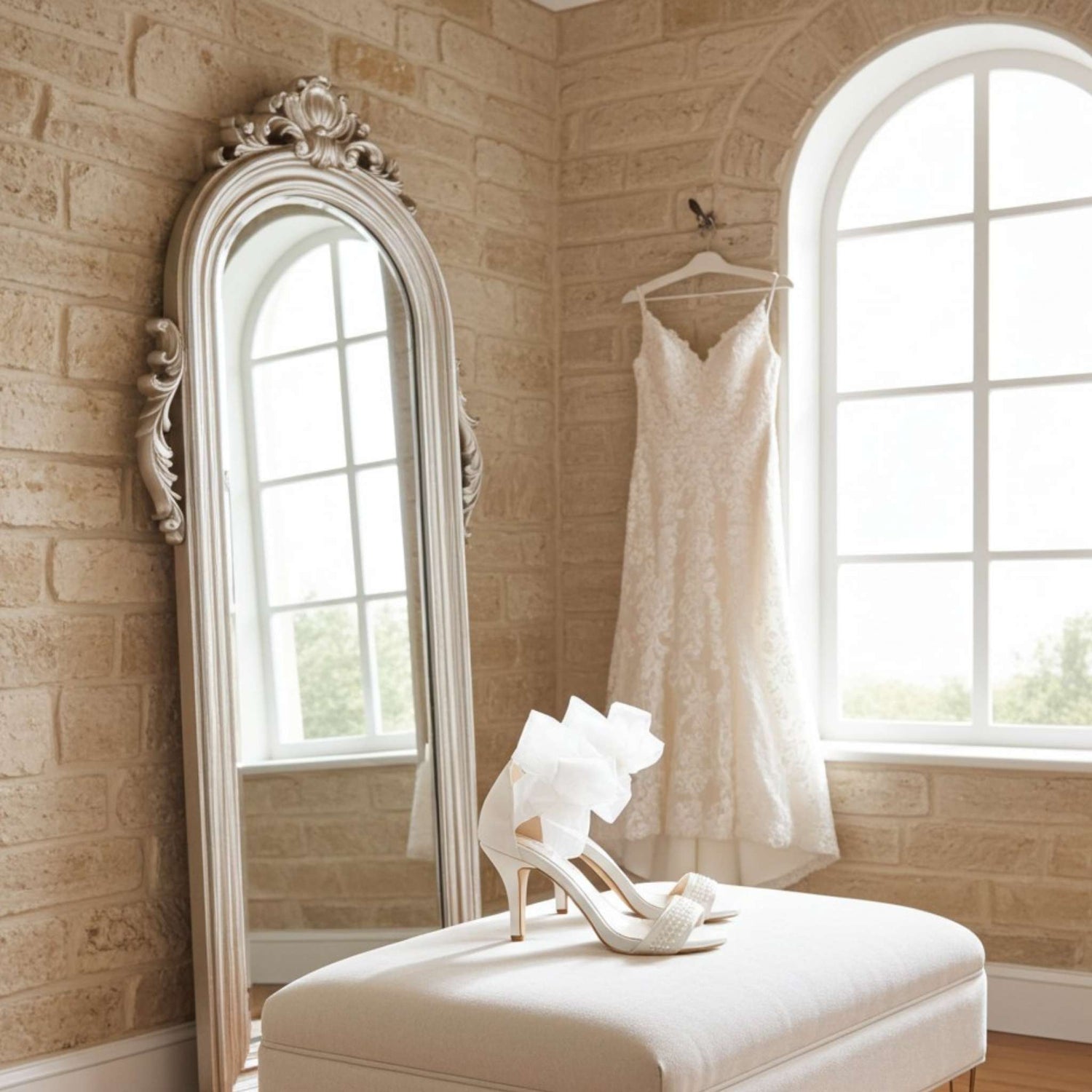 Ivory  wedding dress hanging on a rack in a room with a large mirror and window. Open toe pearl bridal shoes sit on a cream stool.