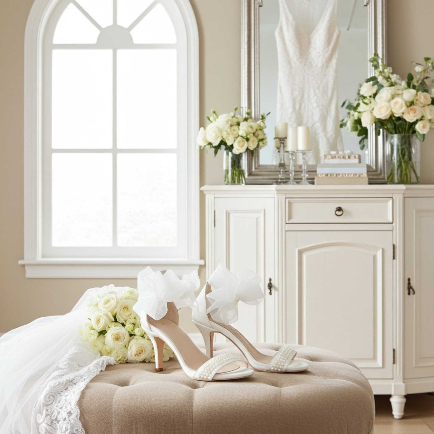 Bridal shoes with pearls on a beige ottoman in a room with a window and decorative items.