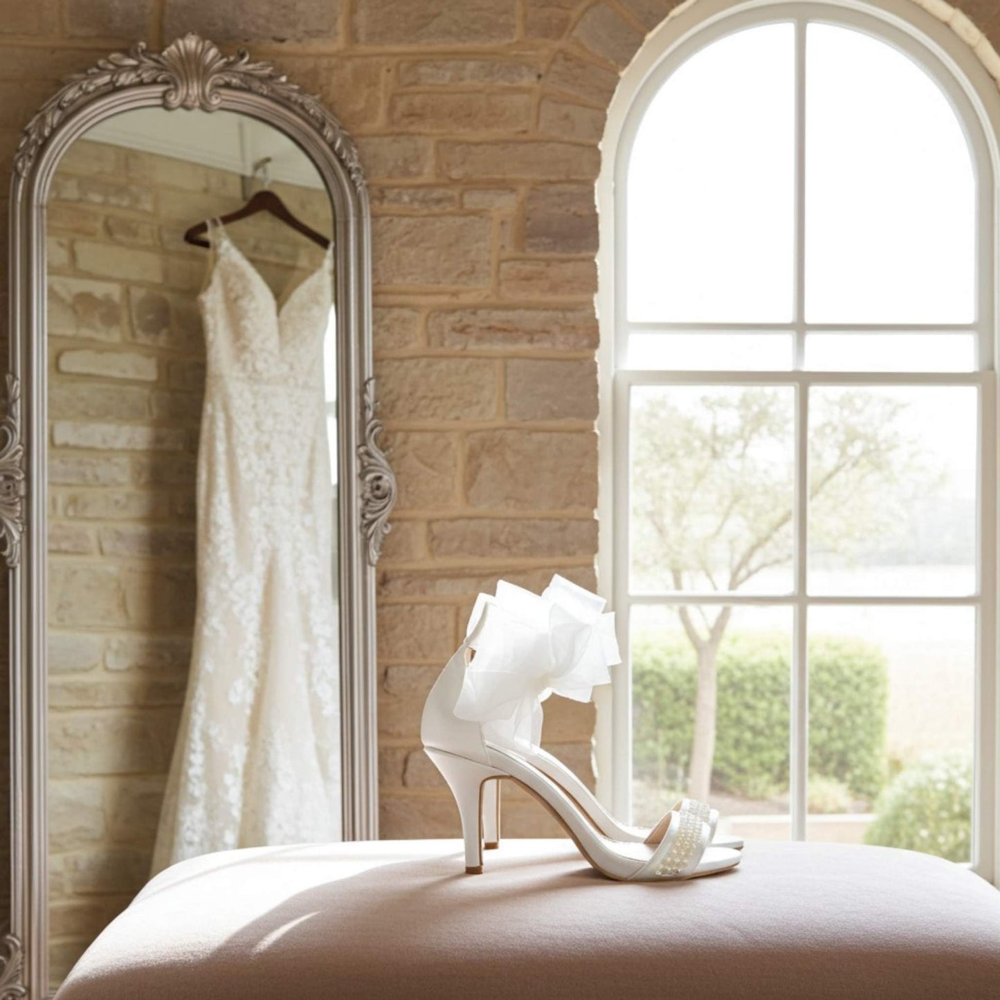 White wedding dress hanging in a mirror with pearl ivory high heel shoes on a bed in a room with a stone wall and window.