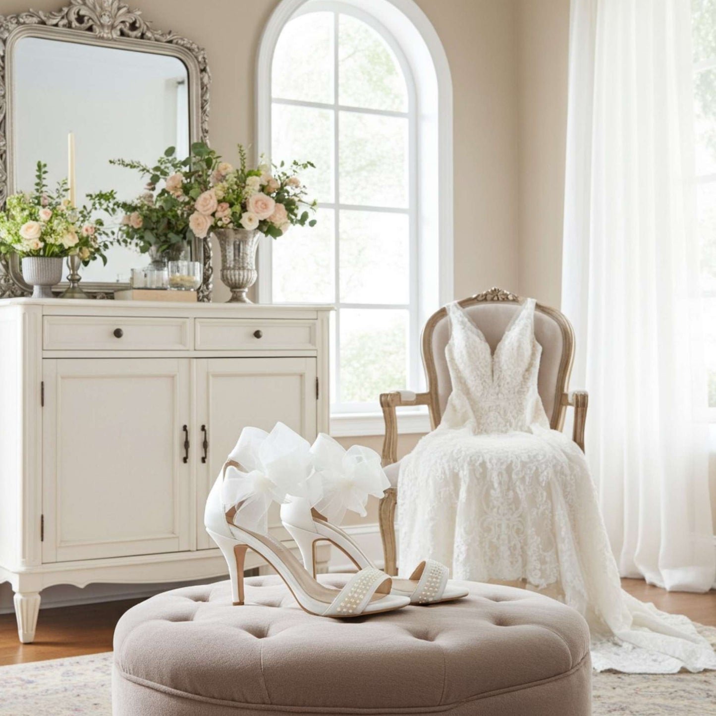 Ivory wedding dress on a chair in a room with flowers and a mirror.