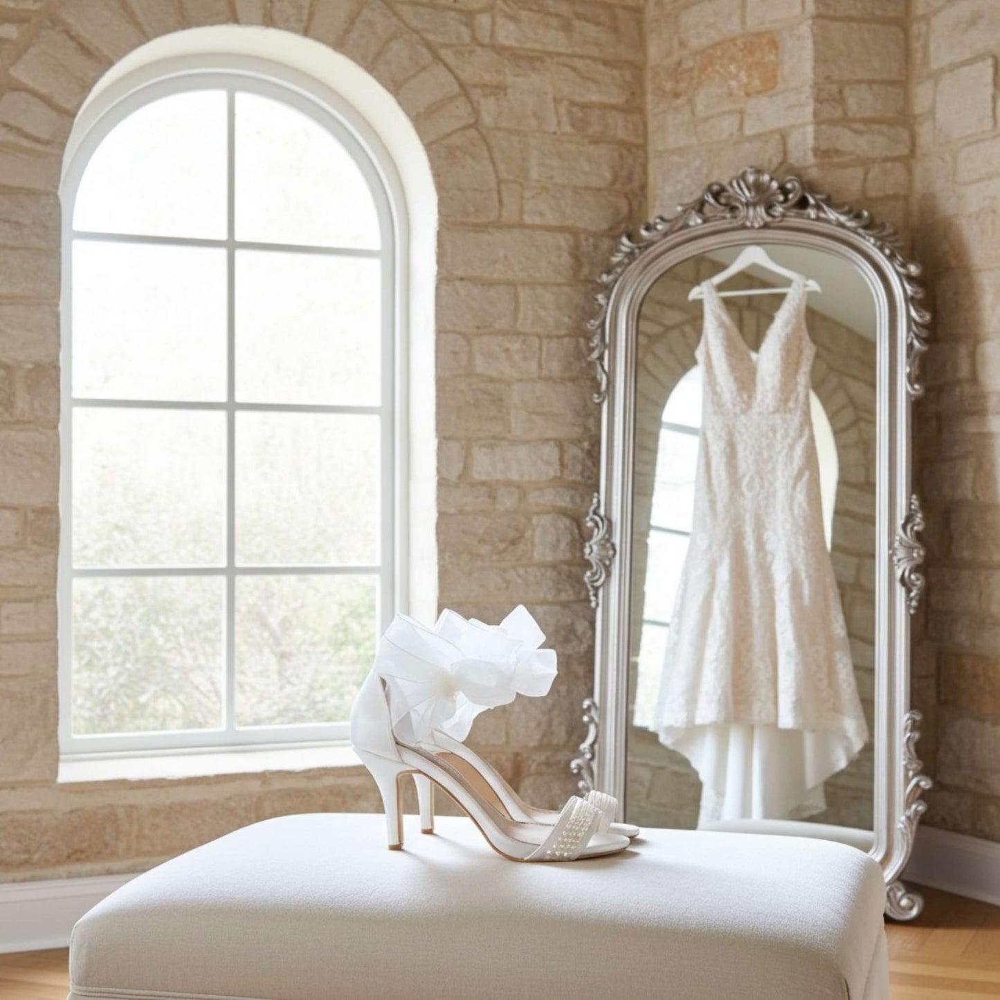 White wedding dress and pearl bridal shoes on a bed in front of a large mirror with stone wall background