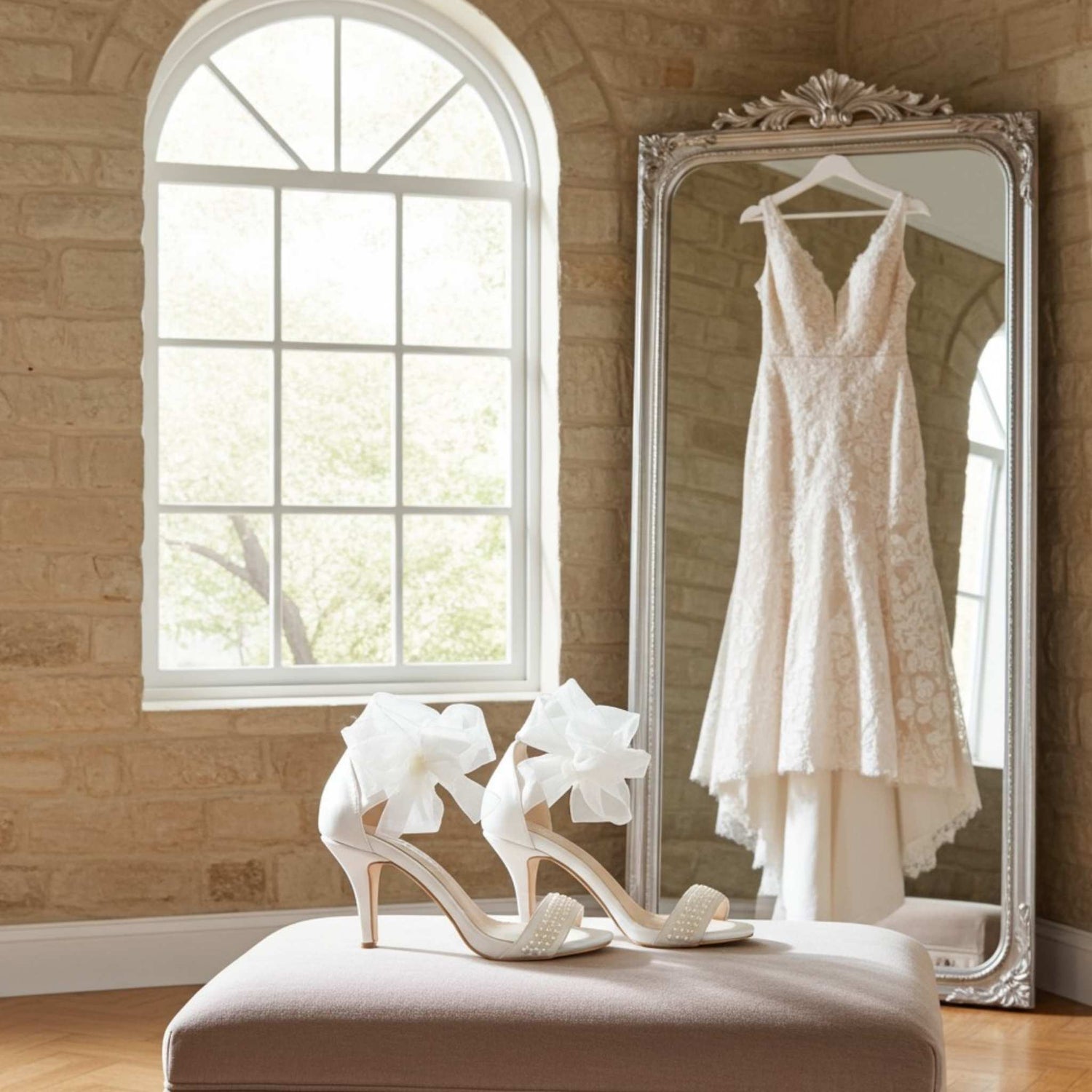 White wedding dress hanging on a mirror with Ivory pearl high-heeled shoes on a stool in a room with a window.
