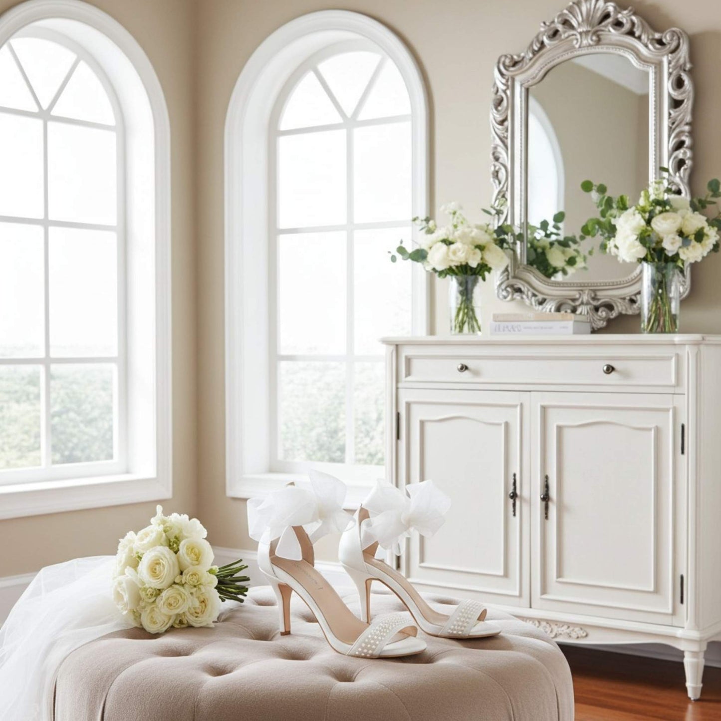 Ivory high-heeled shoes on a ottoman with a decorative mirror and flowers in a room.