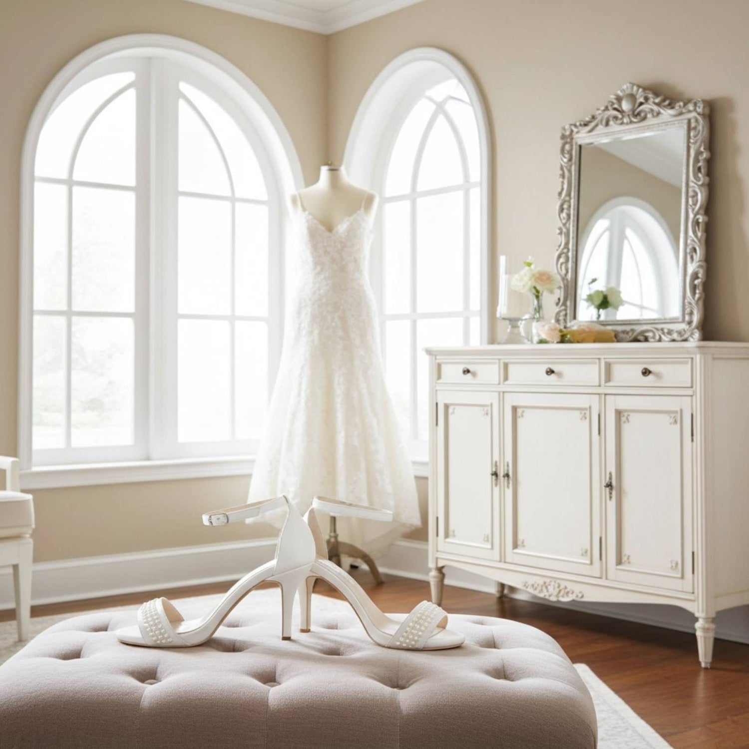White wedding dress on a mannequin with pearl design high heels on a ottoman in a room with arched windows and a decorative mirror.
