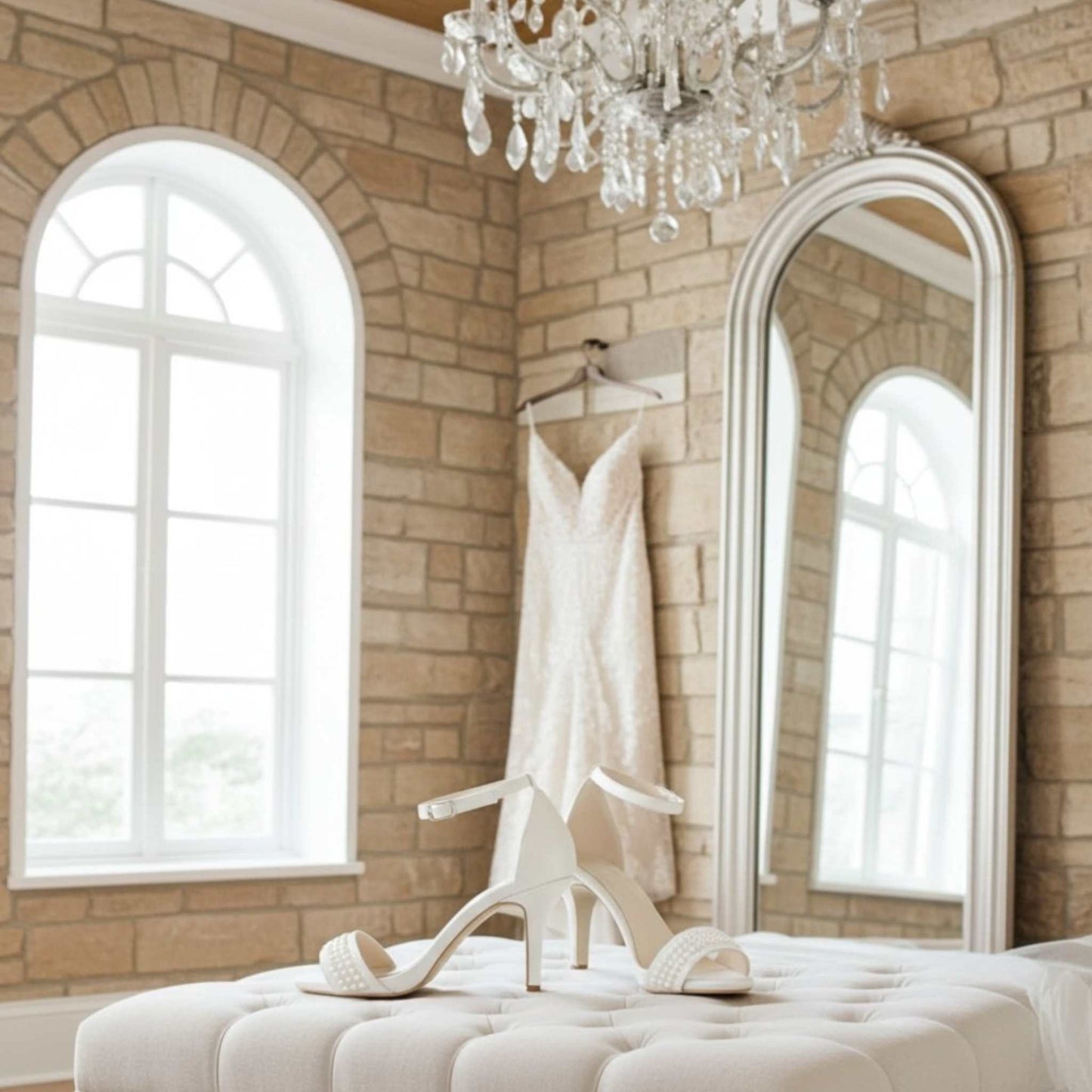 Side view of pearl bridal shoes on a cream stool. Wedding dress on a stand in a room with stone walls, large mirror, and chandelier.