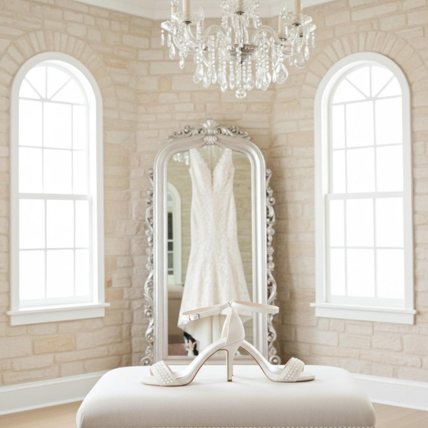 Bridal gown hanging on a decorative mirror with ivory shoes with pearls in front, in a room with large windows and a chandelier.