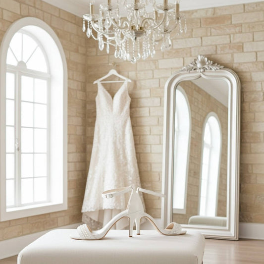 Pearl high heel bridal shoes with wedding dress hanging on a rack in a room with a large mirror and chandelier.