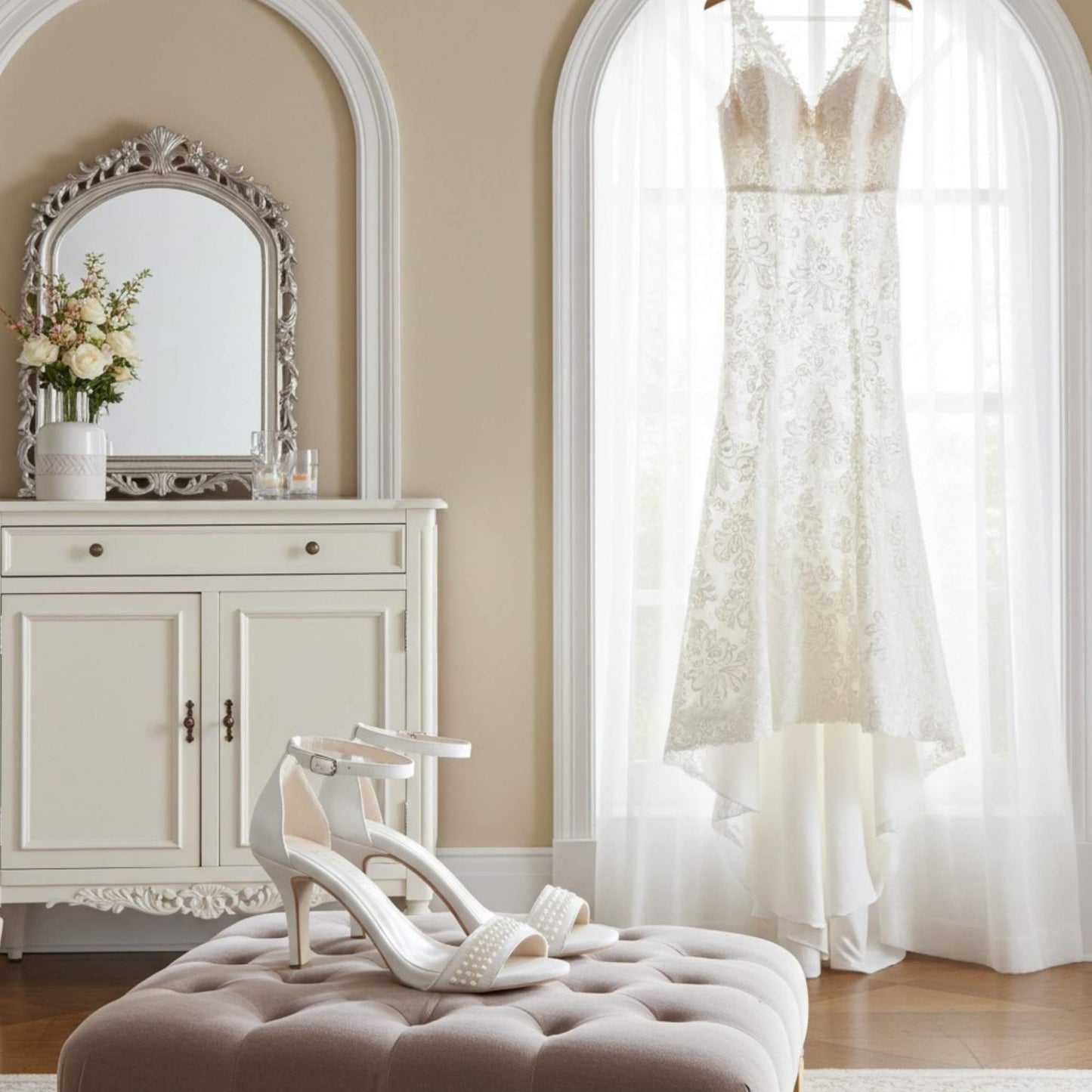 Side view of open toe bridal shoes with pearls. Wedding dress hanging on a rack in a room with a mirror and cabinet.