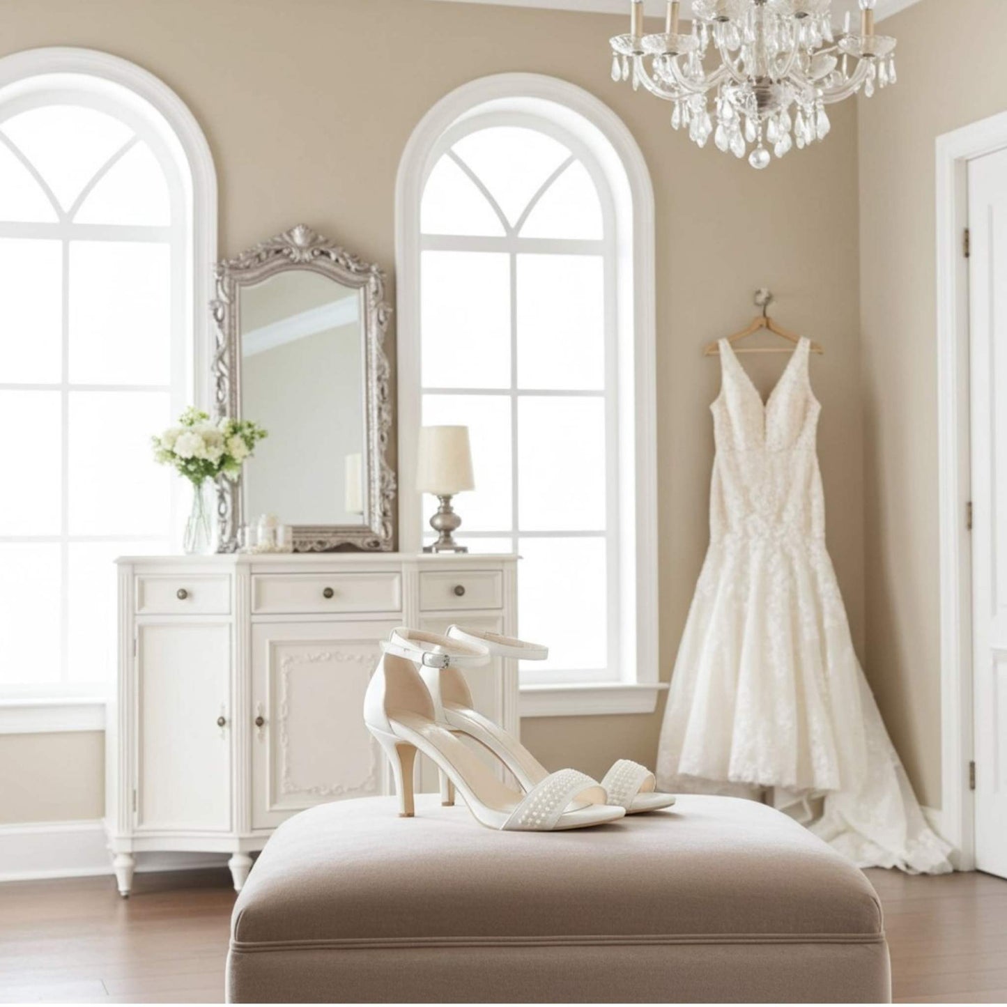 Wedding dress hanging on a rack in a room with a dresser, mirror, and high heel pearl wedding shoes.