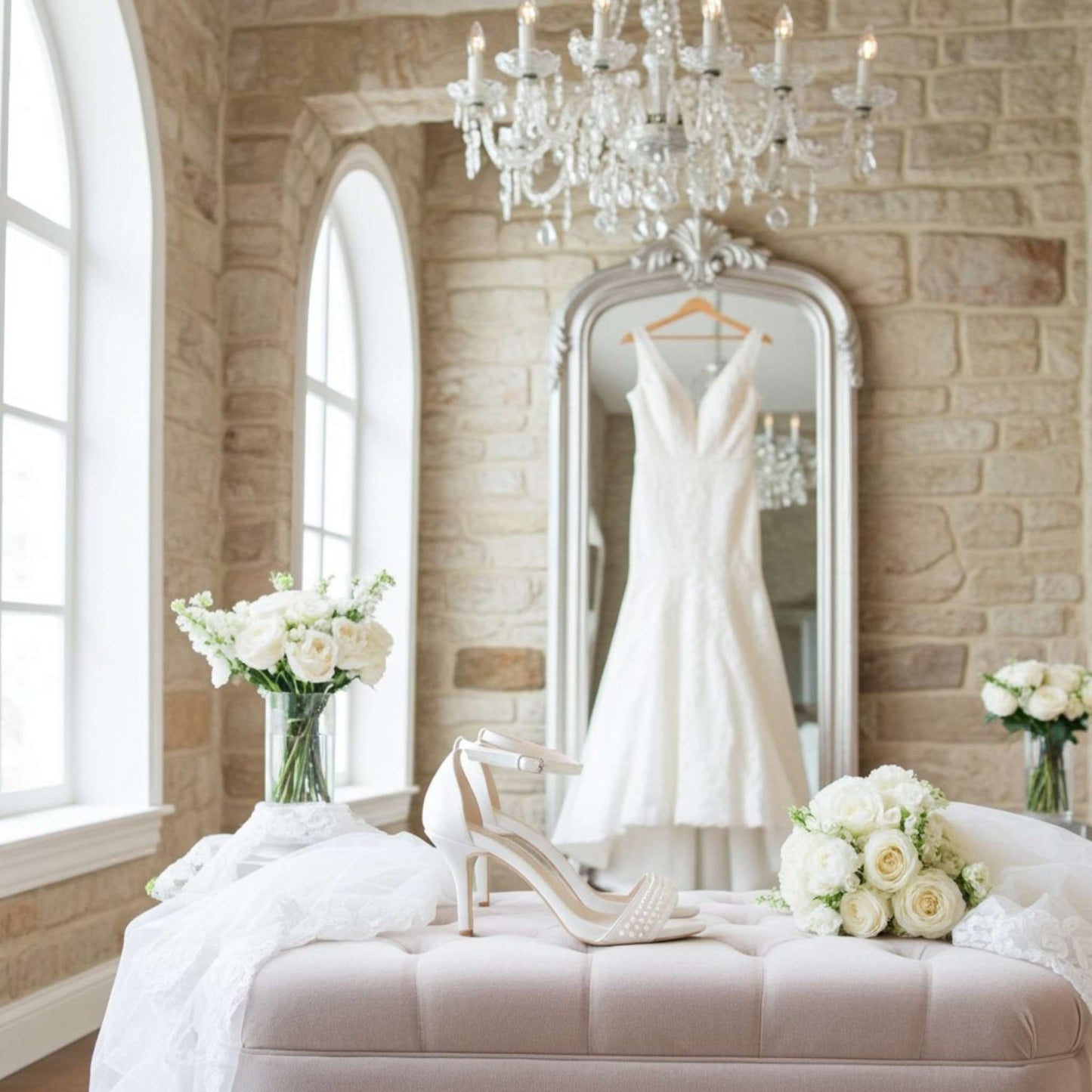 Pretty pearl bridal shoes on a stool. Wedding dress hanging on a mirror in a room with flowers and a chandelier.