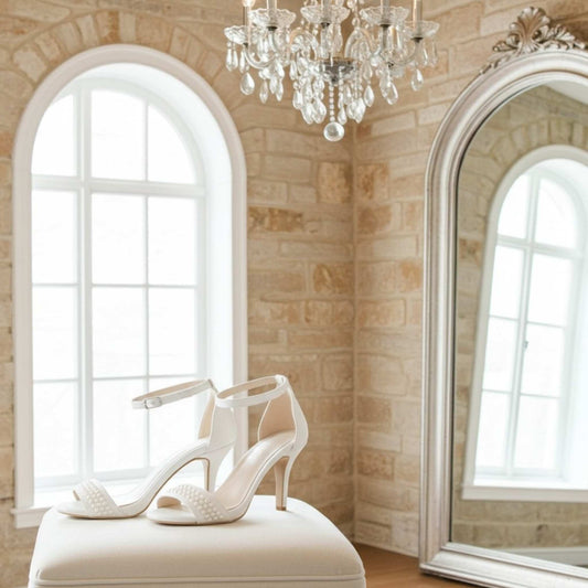 Pearl high-heeled wedding shoes on a white stool in a room with a chandelier and large mirror.
