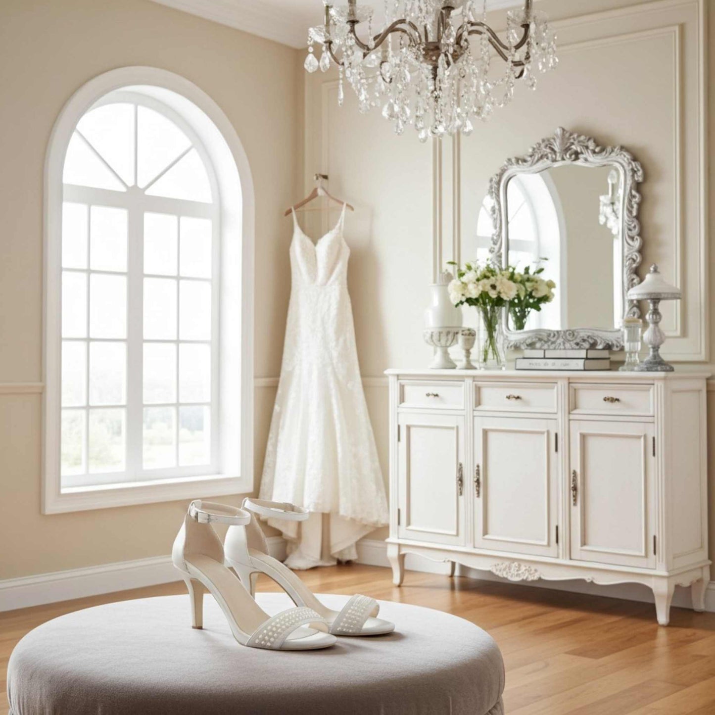 Wedding dress hanging on a rack in a room with a chandelier, mirror, and ivory high heel wedding shoes on a stool.