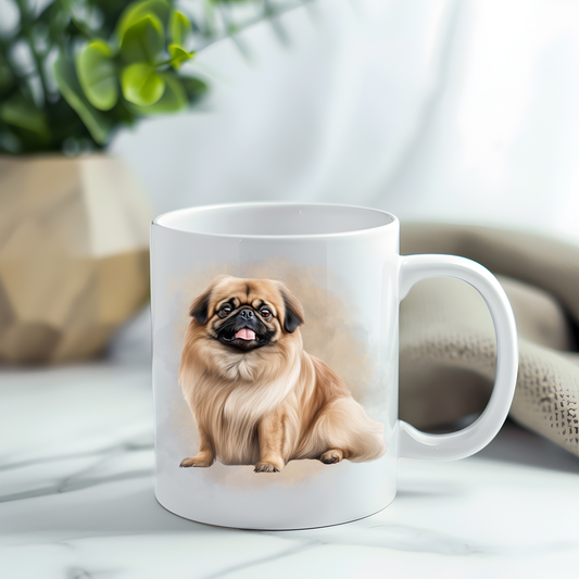 This coffee mug features a Pekingese on a white ceramic mug which has been placed on a grey marble surface. A green plant sits in the left corner.