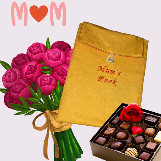 A photo of a book cosy personalised with mum shown with some flowers and chocolates