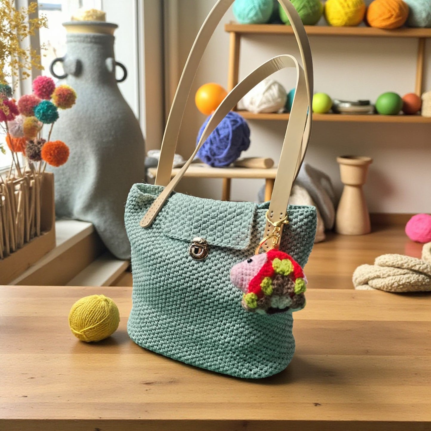 green crochet  bag with a crochet pig key ring  on a wooden surface, with yarn and knitting tools in the background.