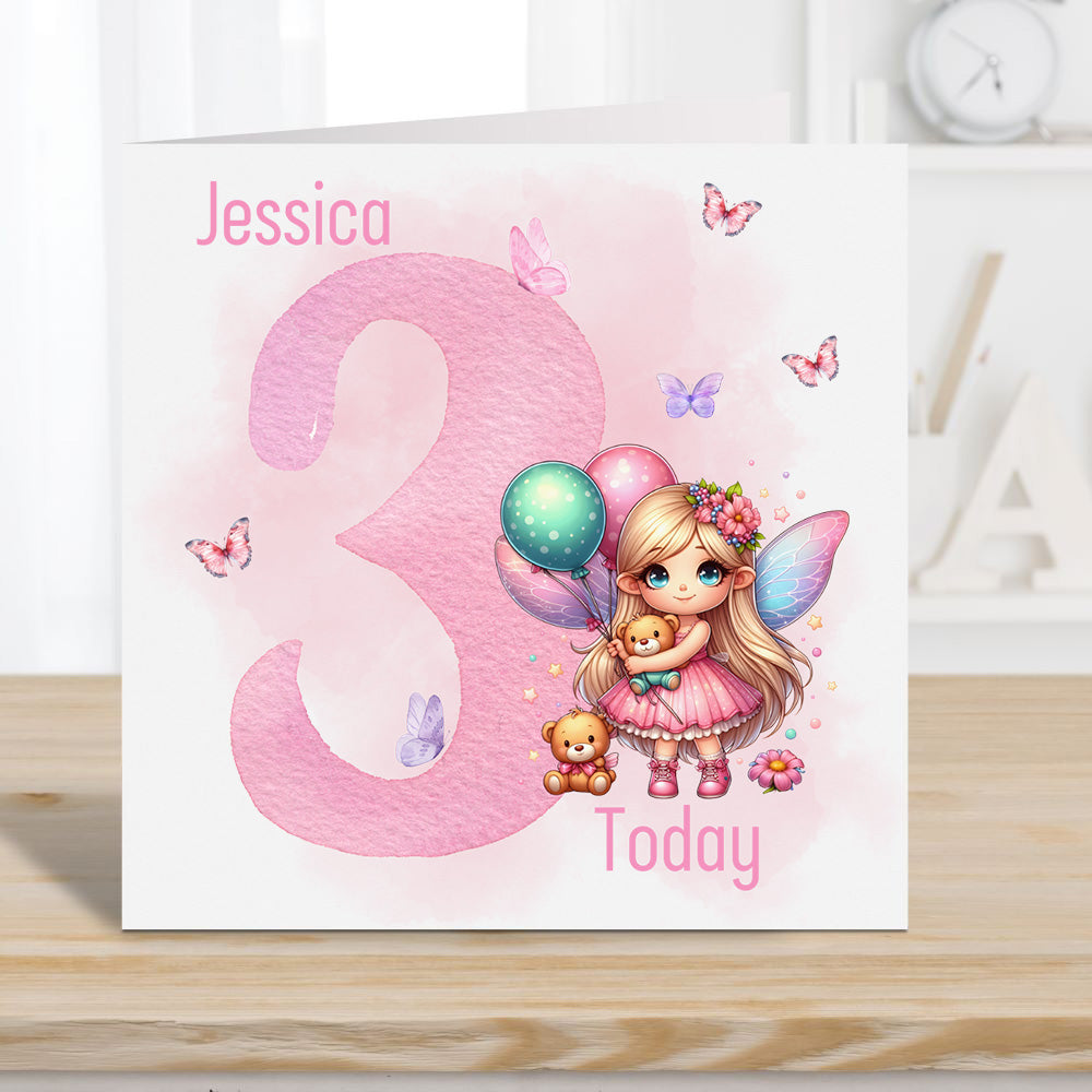 Personalised Birthday card for a girl aged 3.  Cute girl holding a teddy bear and balloons.  Butterflies decorate the background.