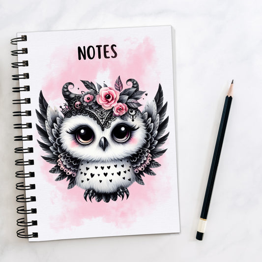White notebook with black spiral binding showing a cute Goth owl with black feathers and pink roses on a pink smoky background. A black pencil is placed to the right hand side.