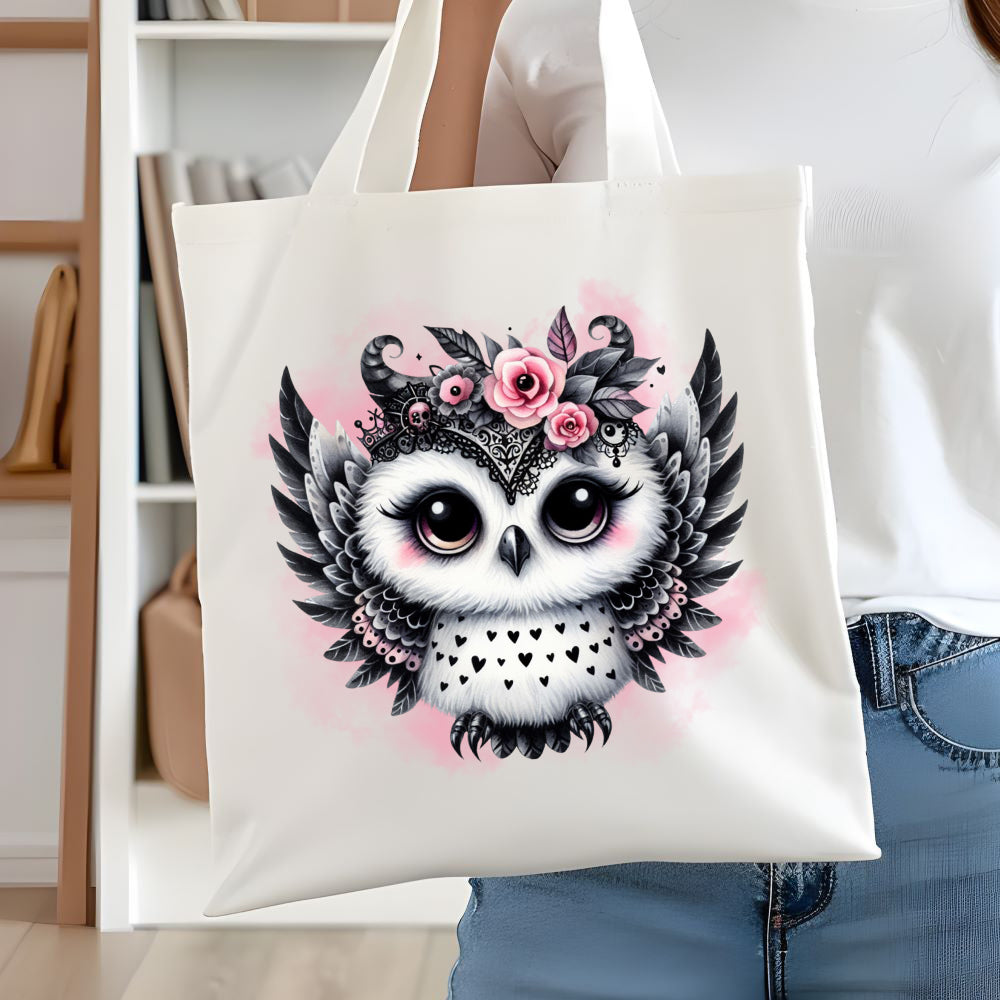 White Tote Bag showing a cute Gothic Owl with black and pink feathers, and pink roses on a pink smoky background.  The bag is held by a woman in front of a white book shelf