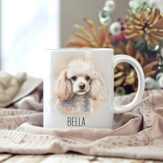 Personalised coffee mug featuring a white Poodle with a gold misty background on a white ceramic mug which has been placed on a beige cloth. Stems of large flowers accessorizes the image.