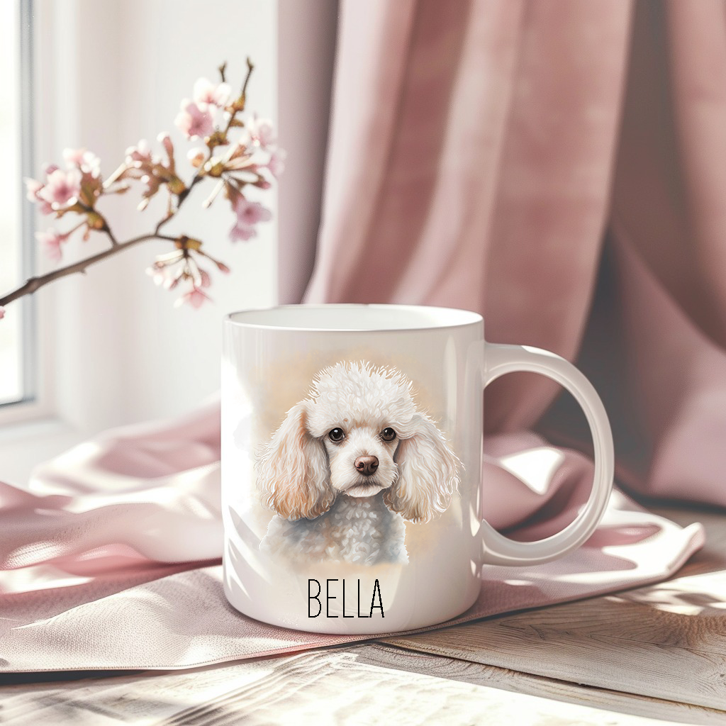 A pink drape sets the backdrop for white ceramic mug with the image of a white Poodle sat looking forward.  A stem of small pink flowers accessorizes the image