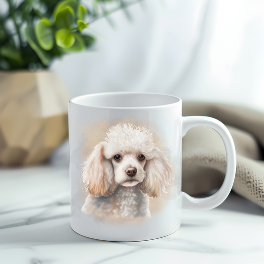 This coffee mug features a white Poodle on a white ceramic mug which has been placed on a grey marble surface. A green plant sits in the left corner.