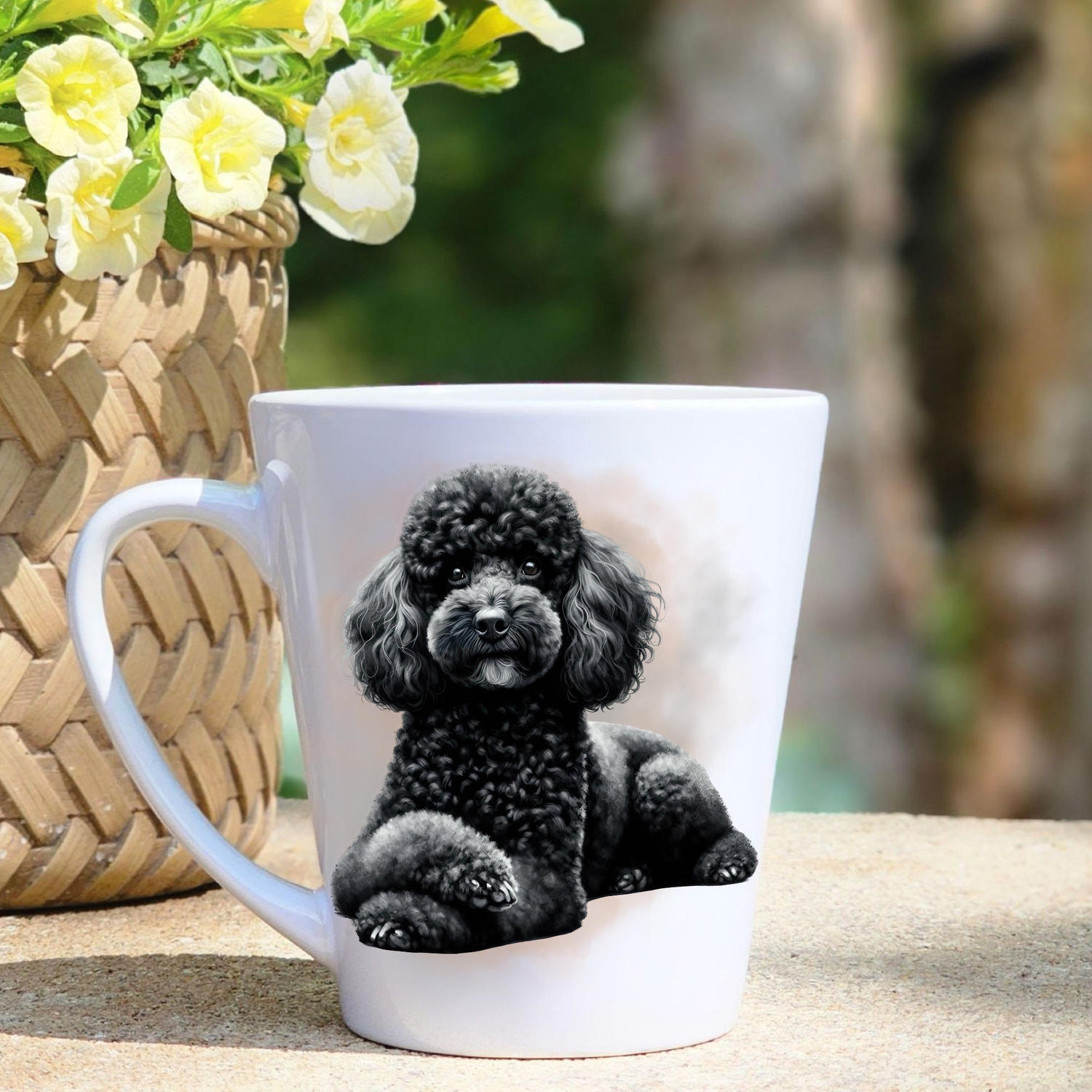A white ceramic latte mug featuring a black Miniature Poodle in a gold/beige mist background.  A basket containing yellow flowers sits to the left-hand side.
